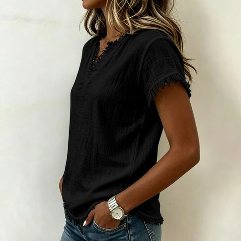 Gauze Shirts for Women - V Neck Short Sleeve Cotton Linen Frayed Fringe Tops Summer Lightweight Tassel Shirt Tunics in Saudi Arabia