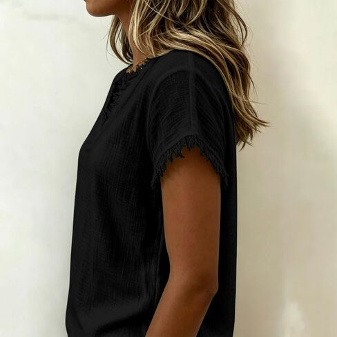 Gauze Shirts for Women - V Neck Short Sleeve Cotton Linen Frayed Fringe Tops Summer Lightweight Tassel Shirt Tunics in Saudi Arabia