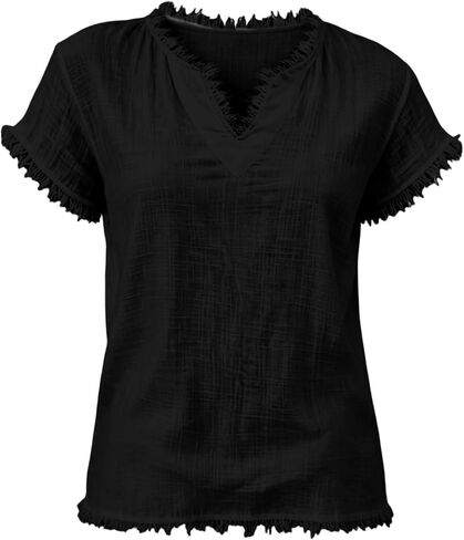 Gauze Shirts for Women - V Neck Short Sleeve Cotton Linen Frayed Fringe Tops Summer Lightweight Tassel Shirt Tunics in Saudi Arabia
