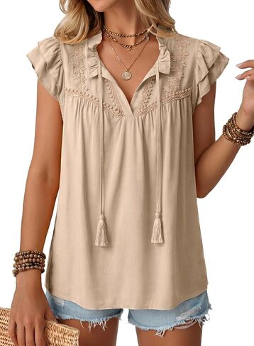 Dokotoo Womens Summer Tops Dressy Casual Ruffle Cap Sleeve Chiffon Blouses Tassel V Neck Lace Embroidery Pleated Shirts in Saudi Arabia