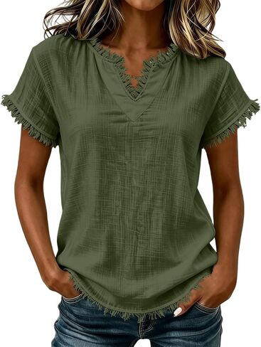 Gauze Shirts for Women - V Neck Short Sleeve Cotton Linen Frayed Fringe Tops Summer Lightweight Tassel Shirt Tunics in Saudi Arabia