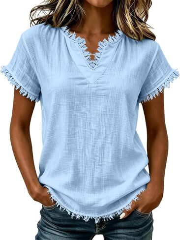Gauze Shirts for Women - V Neck Short Sleeve Cotton Linen Frayed Fringe Tops Summer Lightweight Tassel Shirt Tunics in Saudi Arabia