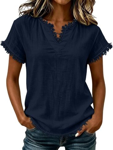 Gauze Shirts for Women - V Neck Short Sleeve Cotton Linen Frayed Fringe Tops Summer Lightweight Tassel Shirt Tunics in Saudi Arabia