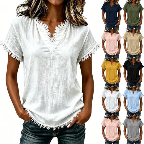 Gauze Shirts for Women - V Neck Short Sleeve Cotton Linen Frayed Fringe Tops Summer Lightweight Tassel Shirt Tunics in Saudi Arabia