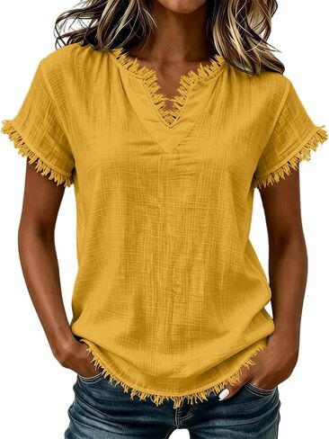 Gauze Shirts for Women - V Neck Short Sleeve Cotton Linen Frayed Fringe Tops Summer Lightweight Tassel Shirt Tunics in Saudi Arabia