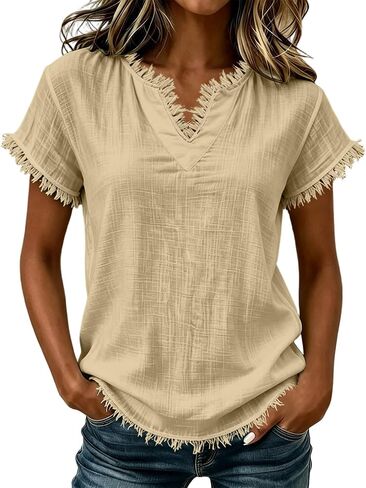 Gauze Shirts for Women - V Neck Short Sleeve Cotton Linen Frayed Fringe Tops Summer Lightweight Tassel Shirt Tunics in Saudi Arabia
