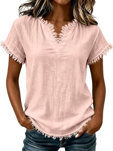 Gauze Shirts for Women - V Neck Short Sleeve Cotton Linen Frayed Fringe Tops Summer Lightweight Tassel Shirt Tunics in Saudi Arabia