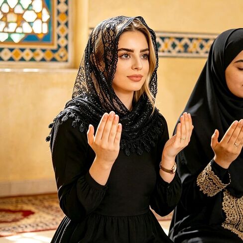 DOCILA مثلث الحجاب متلألئ الكنيسة الزفاف قداس مانتيلا الحجاب الدينية المسيحية الصلاة غطاء الرأس وشاح in Kuwait