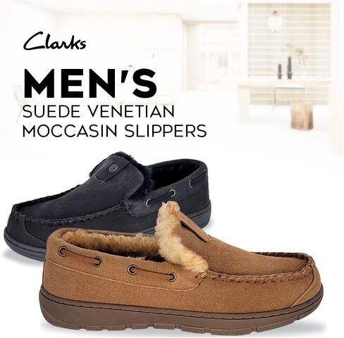 Clarks Mens Suede Venetian Moccasin Slipper LB0534 - Warm Plush Faux Fur Lining - Indoor Outdoor House Slippers For Men in Kuwait