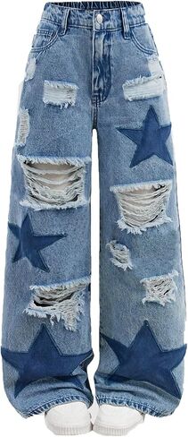 Plus Size Womens Distressed High Waist Jeans with Star Patches, Ripped Wide Leg Denim Pants in Kuwait