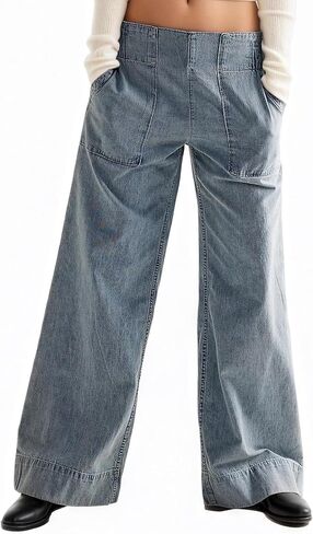 Womens Mid Rise Wide Leg Jeans Casual Baggy Pull-On Jeans Trendy Long Denim Pants with Pockets in Saudi Arabia