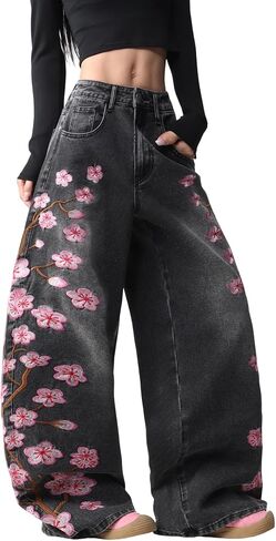 Floral Embroider Baggy Jeans for Women Wide Leg Denim Pants Y2k Hip Hop Loose Long Trousers Streetwear in Saudi Arabia