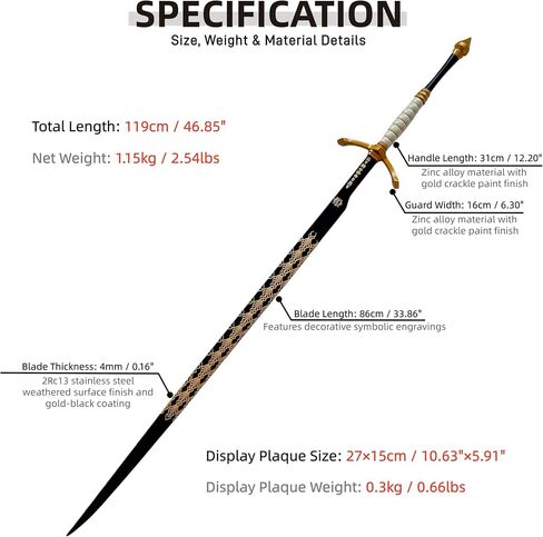 Sword Valley Expedition Series Gustav Collectible Sword with Hanging Board - Zinc Alloy Guard｜119cm/46.85" & 52.5cm/20.67" Length｜Weathered Finish Blade｜Decorative Engraved Symbols in Saudi Arabia