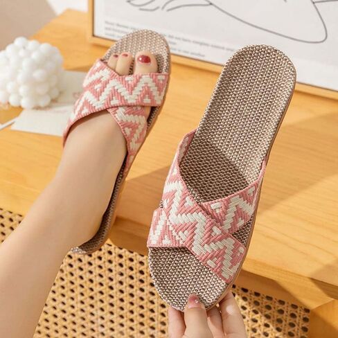 Womens Cross Band Slide Sandals Open Toe Linen Slippers Summer Non Slip Indoor Outdoor Lightweight Flat Sandals in Kuwait