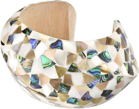 AeraVida Adjustable Vintage Mixed Seashells Inlay Mosaic Wooden Cuff Bracelet | Elegant Handmade Jewelry for Women | Handmade Abalone shell Bracelet | Vintage Gifts for Women | Statement Bracelet in Saudi Arabia