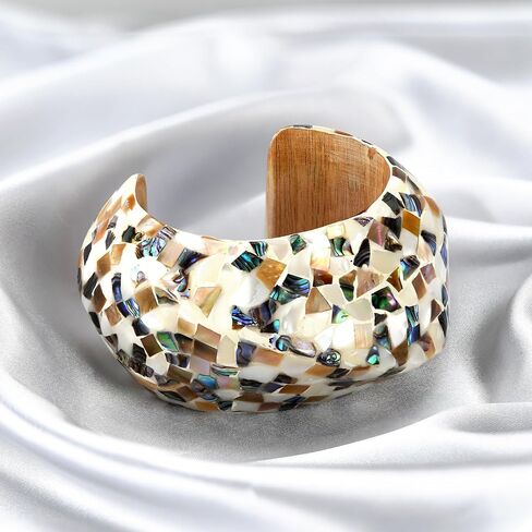 AeraVida Adjustable Vintage Mixed Seashells Inlay Mosaic Wooden Cuff Bracelet | Elegant Handmade Jewelry for Women | Handmade Abalone shell Bracelet | Vintage Gifts for Women | Statement Bracelet in Saudi Arabia