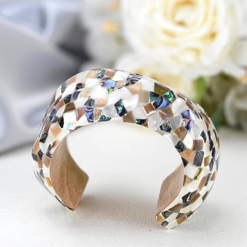 AeraVida Adjustable Vintage Mixed Seashells Inlay Mosaic Wooden Cuff Bracelet | Elegant Handmade Jewelry for Women | Handmade Abalone shell Bracelet | Vintage Gifts for Women | Statement Bracelet in Saudi Arabia