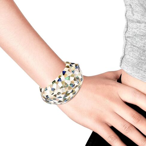AeraVida Adjustable Vintage Mixed Seashells Inlay Mosaic Wooden Cuff Bracelet | Elegant Handmade Jewelry for Women | Handmade Abalone shell Bracelet | Vintage Gifts for Women | Statement Bracelet in Saudi Arabia