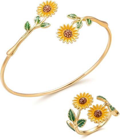 Caiyao 2Pcs Adjustable Sunflower Open Cuff Bangle Bracelets Ring Gold Tone Enamel Daisy Flower Floral Upper Arm Armband Bracelet for Women Boho Summer Inspired Floral Jewelry Gifts in Kuwait