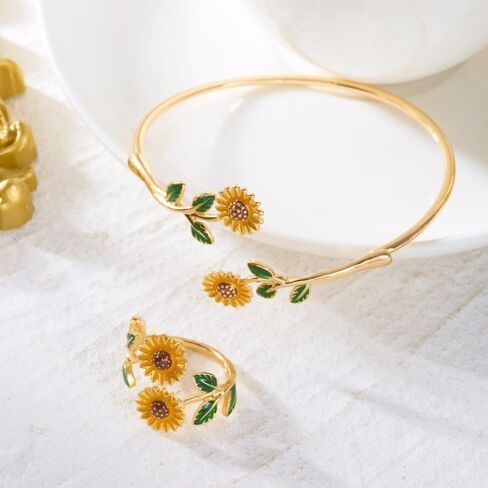 Caiyao 2Pcs Adjustable Sunflower Open Cuff Bangle Bracelets Ring Gold Tone Enamel Daisy Flower Floral Upper Arm Armband Bracelet for Women Boho Summer Inspired Floral Jewelry Gifts in Kuwait