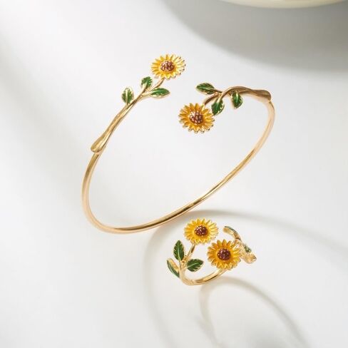 Caiyao 2Pcs Adjustable Sunflower Open Cuff Bangle Bracelets Ring Gold Tone Enamel Daisy Flower Floral Upper Arm Armband Bracelet for Women Boho Summer Inspired Floral Jewelry Gifts in Kuwait