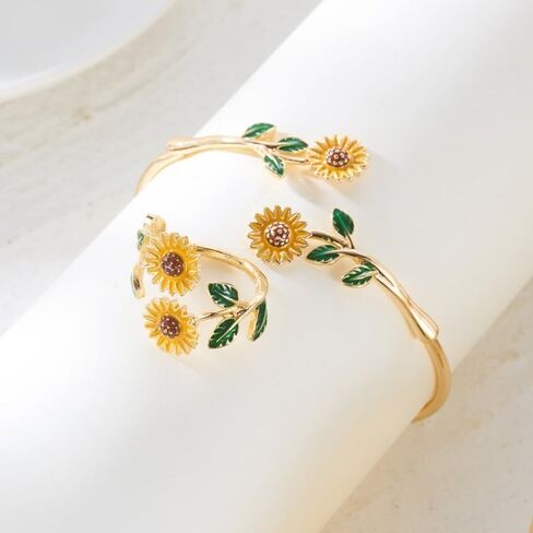Caiyao 2Pcs Adjustable Sunflower Open Cuff Bangle Bracelets Ring Gold Tone Enamel Daisy Flower Floral Upper Arm Armband Bracelet for Women Boho Summer Inspired Floral Jewelry Gifts in Kuwait