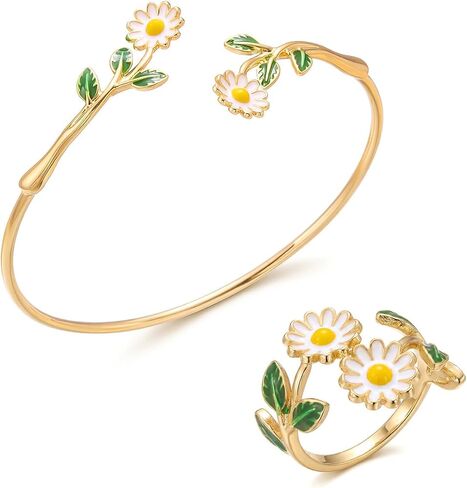 Caiyao 2Pcs Adjustable Sunflower Open Cuff Bangle Bracelets Ring Gold Tone Enamel Daisy Flower Floral Upper Arm Armband Bracelet for Women Boho Summer Inspired Floral Jewelry Gifts in Kuwait