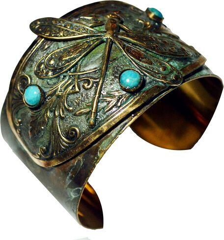 Elaine Coyne Collectible Artwear Verdigris Patina Brass Dragonfly Victorian Motif Cuff Bracelet - Turquoise - Vintage Limited Edition in Kuwait