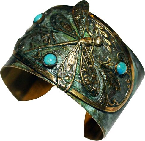 Elaine Coyne Collectible Artwear Verdigris Patina Brass Dragonfly Victorian Motif Cuff Bracelet - Turquoise - Vintage Limited Edition in Kuwait