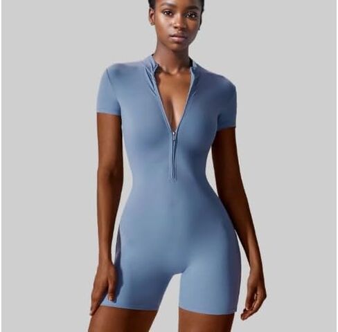 Women's Jumpsuits Short Sleeve Zip-Front V Neck Summer Yoga Dance Bodysuit for Fitness Workouts Active Wear,Blue in Kuwait