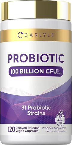 Carlyle Probiotic 100 Billion CFU | 120 Capsules | Delayed Release | 31 Probiotic Strains | with Prebiotic Fiber | Vegan, Non GMO, Gluten Free in Kuwait