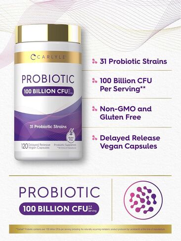 Carlyle Probiotic 100 Billion CFU | 120 Capsules | Delayed Release | 31 Probiotic Strains | with Prebiotic Fiber | Vegan, Non GMO, Gluten Free in Kuwait