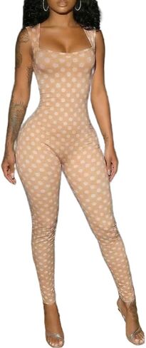 Women Polka Dots Jumpsuit Sexy Bodycon Sleeveless U Neck Back Hollow Out One Piece Fashion Street Club Going Out Wear in Saudi Arabia
