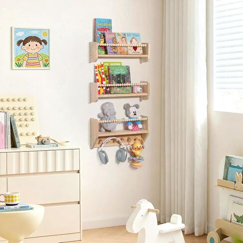 Nursery Floating Shelves for Kids Rooms – 16 Inches Floating Wall Bookshelves, Space - Saving for Kids Room, Bedroom and Study Room,Set of 3 (Pre-Strung Bead Strings) in Saudi Arabia