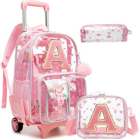 HTgroce Transparent Rolling Backpack for Girls 3pcs Clear Roller Backpacks for Girls See Through Backpack with Wheels Elementary Middle School Pink A in Saudi Arabia