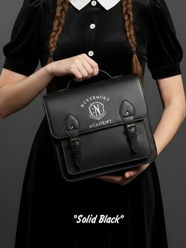 Mad Engine Officially Licensed Wednesday Addams TV Series Solid Black with Nevermore Logo Mini Bag, Kawaii Cosplay Girls Backpack with Adjustable Shoulder Straps in Kuwait