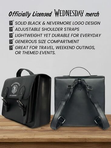 Mad Engine Officially Licensed Wednesday Addams TV Series Solid Black with Nevermore Logo Mini Bag, Kawaii Cosplay Girls Backpack with Adjustable Shoulder Straps in Kuwait