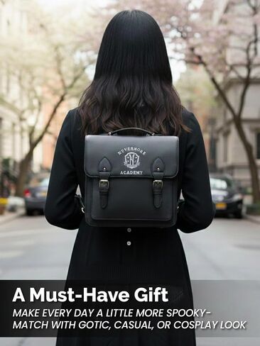 Mad Engine Officially Licensed Wednesday Addams TV Series Solid Black with Nevermore Logo Mini Bag, Kawaii Cosplay Girls Backpack with Adjustable Shoulder Straps in Kuwait