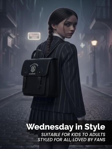 Mad Engine Officially Licensed Wednesday Addams TV Series Solid Black with Nevermore Logo Mini Bag, Kawaii Cosplay Girls Backpack with Adjustable Shoulder Straps in Kuwait