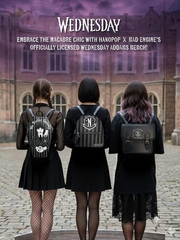 Mad Engine Officially Licensed Wednesday Addams TV Series Solid Black with Nevermore Logo Mini Bag, Kawaii Cosplay Girls Backpack with Adjustable Shoulder Straps in Kuwait