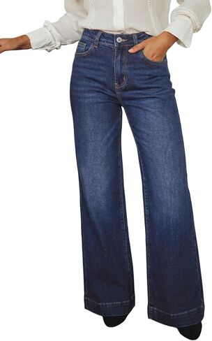 Dokotoo Women's Wide Leg Baggy Flare Jeans High Waisted Stretch Casual Denim Pants with Pockets in Kuwait