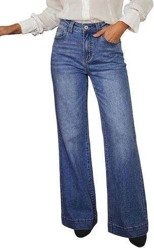 Dokotoo Women's Wide Leg Baggy Flare Jeans High Waisted Stretch Casual Denim Pants with Pockets in Kuwait