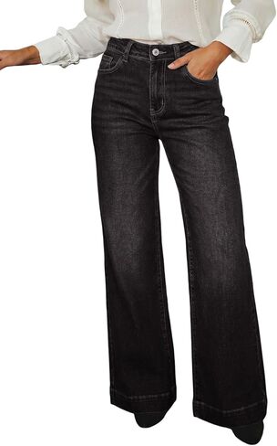 Dokotoo Women's Wide Leg Baggy Flare Jeans High Waisted Stretch Casual Denim Pants with Pockets in Kuwait