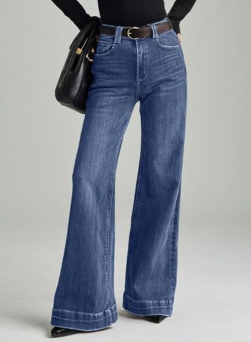 Dokotoo Women's Wide Leg Baggy Flare Jeans High Waisted Stretch Casual Denim Pants with Pockets in Kuwait