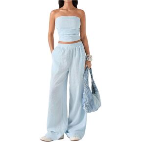WDIRARA Women's 2 Piece Set Ruched Strapless Tube Top Wide Leg Pants Outfits in Saudi Arabia