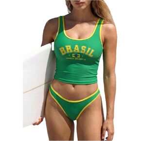 SHENHE Women's 2 Piece Brazili Flag Swimsuits High Cut Cheeky Crop Tank Top Tankini Bathing Suits in Saudi Arabia