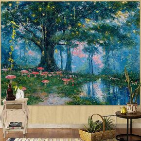 Haibimen Monet Nature Forest Tapestry Wall Hanging Green Tree Mushroom Landscape Tapestries for Bedroom Watercolor Aesthetic Wallpaper Decor for Living Room (forest-1, 48''×36'') in Saudi Arabia