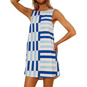 Womens Summer Boho A-Line Mini Dress Casual Color Block Sundress Sleeveless Beach Vacation Coverups in Saudi Arabia