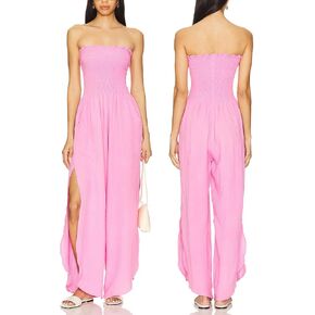 ALENDA DANMOS Women Strapless Jumpsuit Smocked Tube Wide Leg Pants with Slit Romper One-Piece summer Outfit with Pockets 88 in Saudi Arabia
