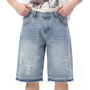 Baggy Jean Shorts Men, Y2k Wide Leg Jeans, Mens Denim Shorts Cross Patch Comfy Casual Streetwear in Saudi Arabia